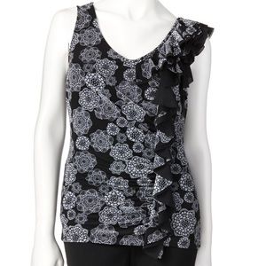 Elle Floral Black White Ruched Sleeveless VNeck Blouse Women Large Tank Top